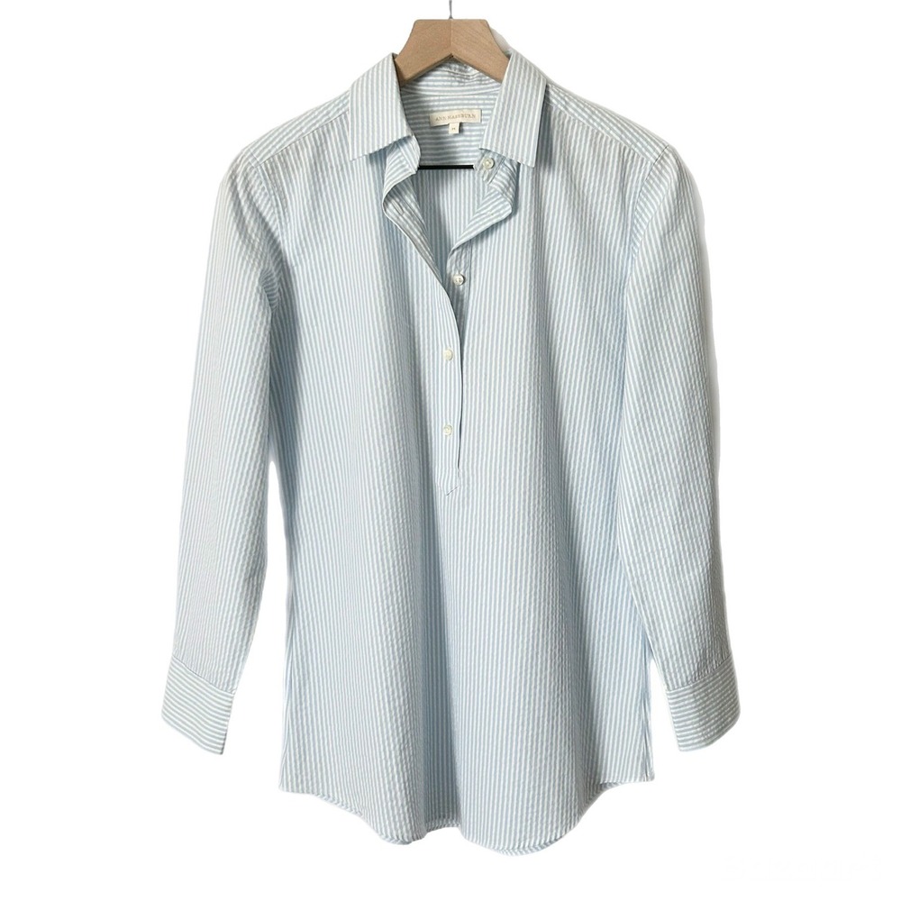 Ann Mashburn Popover Shirt Seersucker Blue White Striped Long Sleeve Size Medium